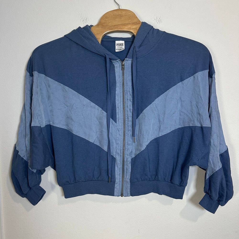 Victoria‎ Secret Pink Full Zip Hoodie Womens Large Blue Long Sleeve Drawstring